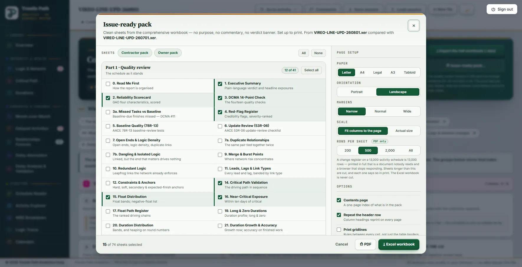 The Issue-ready pack over the Quality and Forensic Report page: the sheets of Part 1 with the Owner pack ticked, and the page setup for paper, orientation, margins, scale and rows per sheet